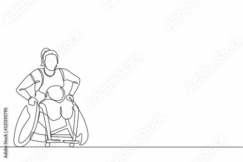 Single one line drawing disabled sportswoman play rugby on wheelchair sport competition.  rugby player in wheelchair. Athlete with physical disorder. Continuous line draw design graphic vector