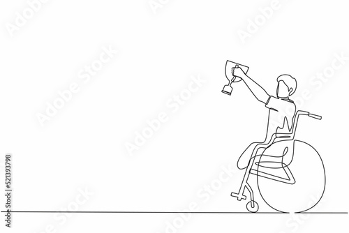 Continuous one line drawing happy sportsman in wheelchair hold golden cup trophy winner.  person recovery. Game competition, sport training, challenge. Single line draw design vector graphic