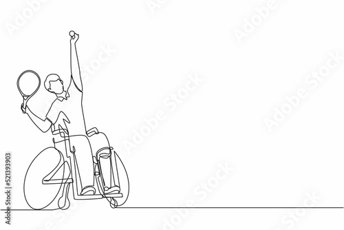 Continuous one line drawing wheelchair tennis sport.  athlete in wheelchair with racket. Active people. Man. Disability, social policy. Social support. Single line draw graphic design vector
