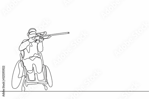 Single continuous line drawing  male athlete on wheelchair shooting sport competition with shotgun. Hobbies and interests of people with disabilities. One line draw design vector illustration