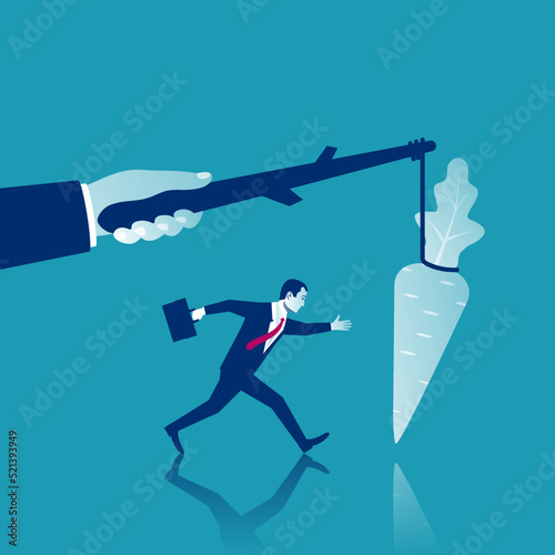 Incentive concept. Business metaphor. Personnel management leadership. Motivate people. Big hand holds carrots on stick, businessman running for bait. Vector illustration flat design. Attract earn.