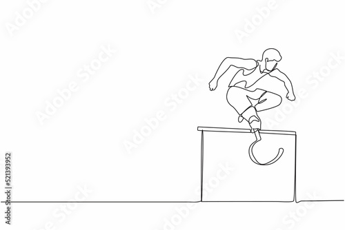Single continuous line drawing amputated young male athlete jumping, running over hurdle. Disability games with hurdle race. Disability sport concept. One line draw graphic design vector illustration