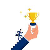 Businessman runs to the award. Motivation for success. The concept of successful people. Vector illustration flat design. Isolated on white background. Victory Cup in the hand.