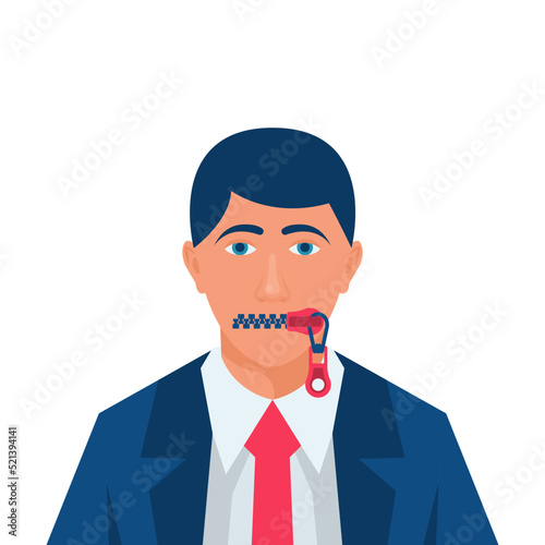Mouth with zipper. A man with an mouth closed. Remain silent. No comment. Lips on lock. Vector illustration flat design. Not conversations. Symbol of silence.