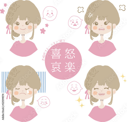 女の子の喜怒哀楽の表情4種セットイラスト