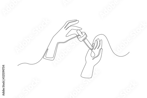 Continuous one line drawing hand use serum dropper cosmetic products anti-aging for facial and skin care. Skin care concept. Single line draw design vector graphic illustration.
