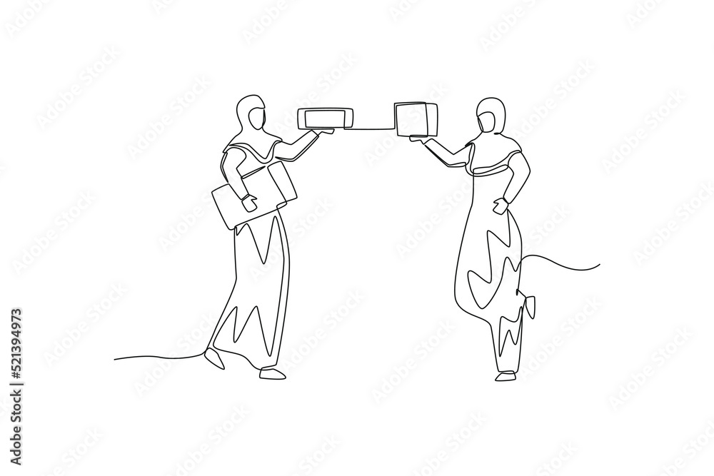 Single one line drawing Muslim women holding gift boxes and giving gifts to each other. gift box concept. Continuous line draw design graphic vector illustration.