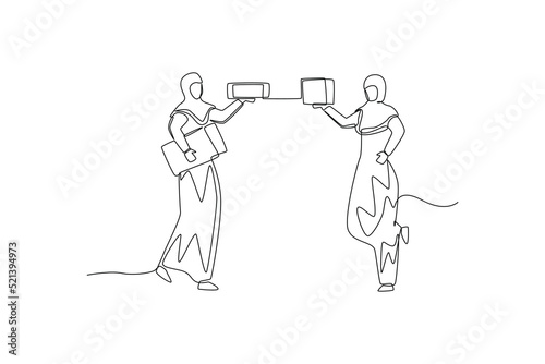 Single one line drawing Muslim women holding gift boxes and giving gifts to each other. gift box concept. Continuous line draw design graphic vector illustration.