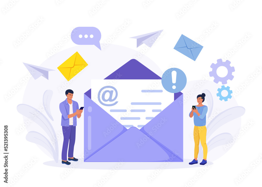 Sending and receiving mail messages. People using electronic mail by mobile phone. Characters holding smartphone and writing email letters. New incoming sms, chat in social network, spam