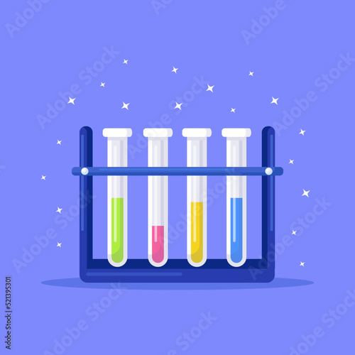 Test-tube on special stand. Blood test tube for analysis test material in laboratory. Flasks with substances for researchers. Chemical lab science, medical research laboratory