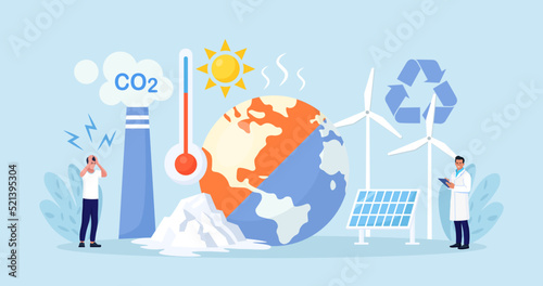 Change climate. Environment pollution. Planet Earth are suffering from global warming. World Environment Day. Melting glaciers, drainage of soils. Alternative energy and eco lifestyle. Recycle symbol