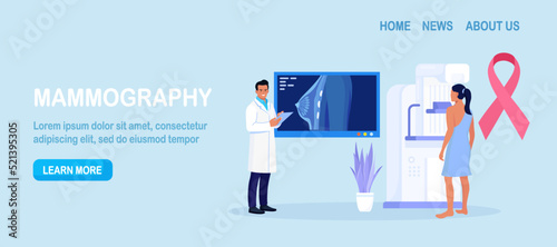 Woman patient getting breast screening test, mammography on x-ray machine. Doctor oncologist diagnose oncology, breast cancer. Mammogram Fluorography on screen. Healthcare and medical examination