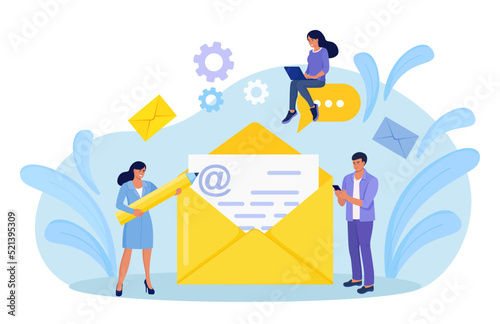 Sending and receiving mail messages. People using electronic mail by mobile phone. Characters holding smartphone and writing email letters. New incoming sms, chat in social network, spam
