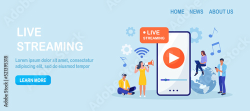 Live streaming, broadcast vlog. Video streaming podcast. Tiny people watch live stream in social networks and sharing online video. Business working process