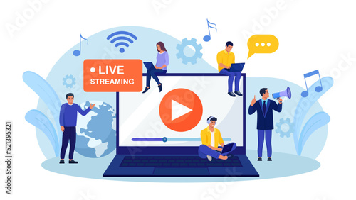 Live streaming, broadcast vlog. Video streaming podcast. Tiny people watch live stream in social networks and sharing online video. Business working process
