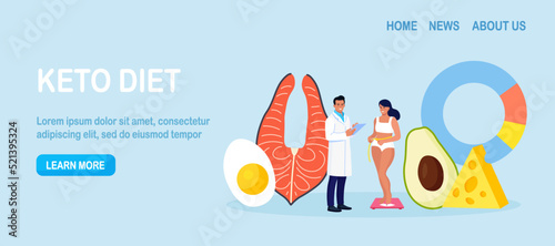 Ketogenic Diet. Woman Stands on Scale. Girl with Balanced Low-carb Food Vegetables, Fish, Avocado, Cheese, Eggs. People with Low Carb Products, Organic Raw Nutrition Paleo Food, Ketones. Weight Loss