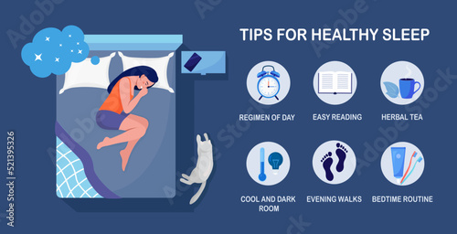 Useful tips and rules for healthy good sleep. Bedtime routine for peaceful dream, relax at night. List of advice to get rid of insomnia, sleeplessness. Woman sleeping in bed on pillow with book, cat