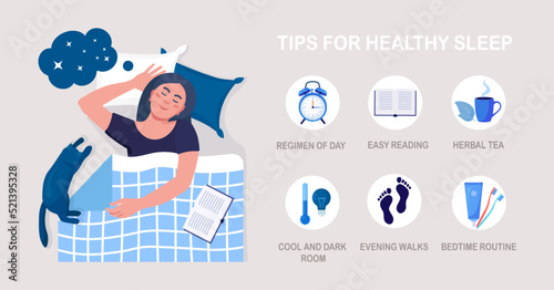 Useful tips and rules for healthy good sleep. Bedtime routine for peaceful dream, relax at night. List of advice to get rid of insomnia, sleeplessness. Woman sleeping in bed on pillow with book, cat