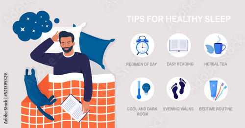 Useful tips and rules for healthy good sleep. Bedtime routine for peaceful dream, relax at night. List of advice to get rid of insomnia, sleeplessness. Man sleeping in bed on pillow with book and cat