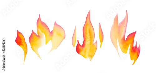 Fire on a white background. Beautiful watercolor flames.