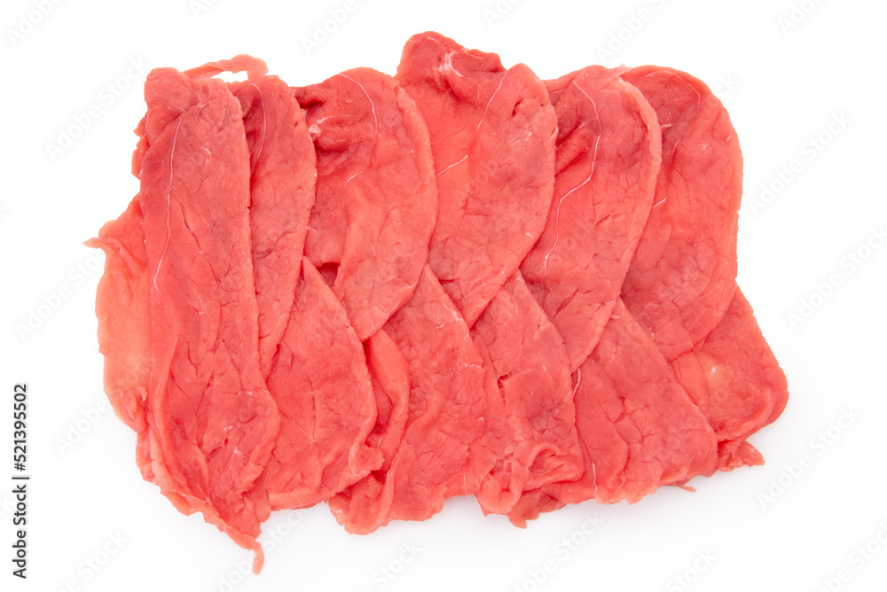 Thinly sliced beef raw for italian carpaccio in top view isolated on white, clipping path Thinly sliced beef raw for italian carpaccio in top view isolated on white, clipping path