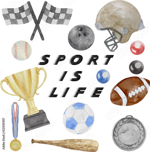 Watercolor Ball Sports Illustration, Ball Sports Clipart. Sport is life