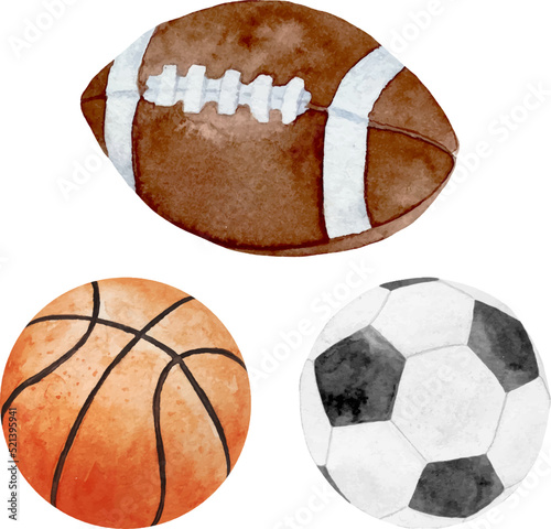 Watercolor illustration of sport balls set football, soccer, basketball and baseball isolated on white background