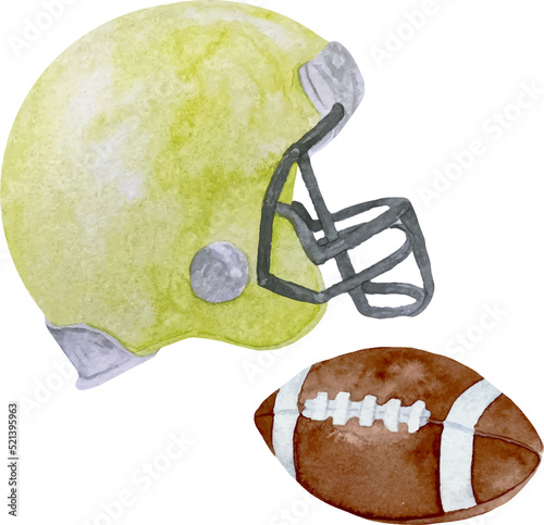 Watercolor yellow american football helmet and ball illustration isolated on white background