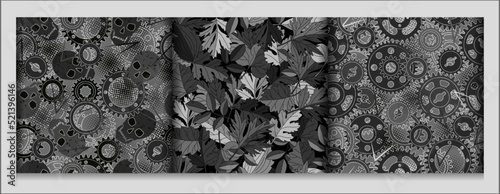 Set of gray camouflage seamless patterns with skulls, gears, leaves. Dense composition with random overlapping elements. Good for t-shirt design, apparel, fabric, textile, sport goods