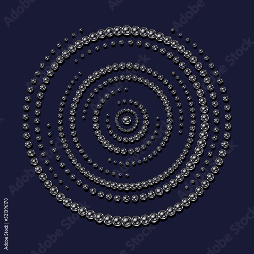 Beaded minimal mandala with silver beads, buttons on a dark blue background. Decorative creative mandala for print, poster, cover, brochure, flyer, banner