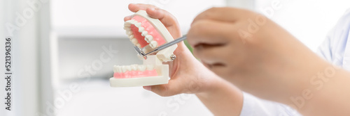 Fotografering Dentist at dental clinic White healthy tooth with Dental model in oral surgeons discussing jaw x-ray on tablet medicine healthcare oral surgery concept