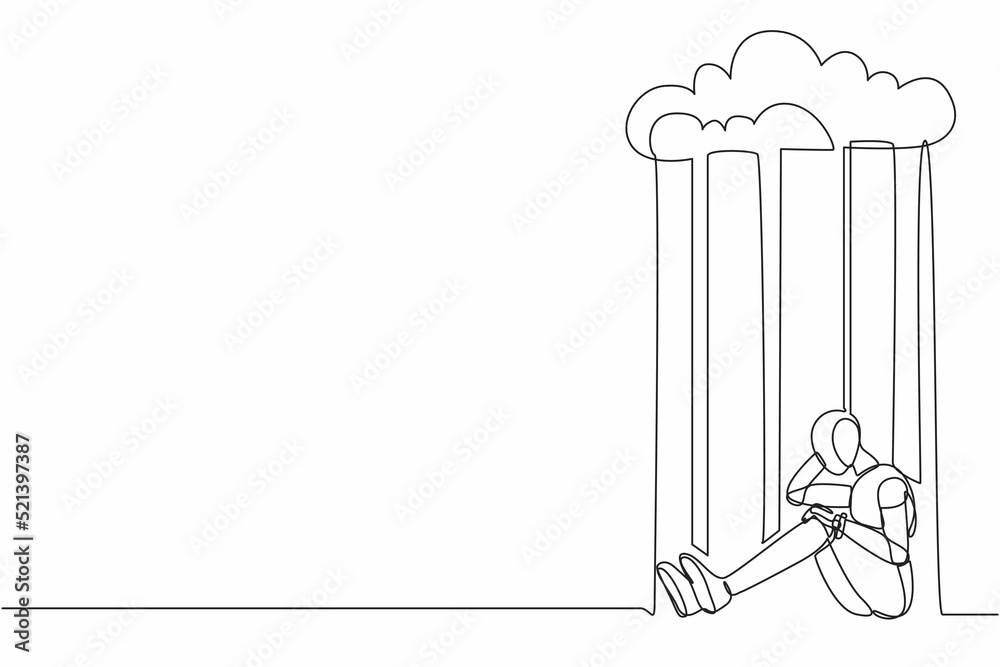 Continuous one line drawing robot feeling sad and depression sitting ...