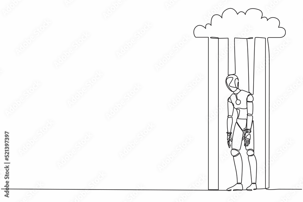 Single continuous line drawing unhappy depressed sad robot in stress ...