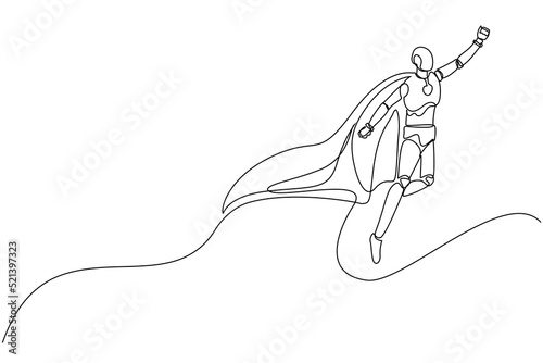 Single one line drawing robot superhero flies up to the sky. Future technology development. Artificial intelligence machine learning processes. Continuous line draw design graphic vector illustration