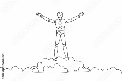 Continuous one line drawing robot on top of cloud with raised hands. Humanoid robot cybernetic organism. Future robotic development. Peaceful, happiness. Single line design vector graphic illustration