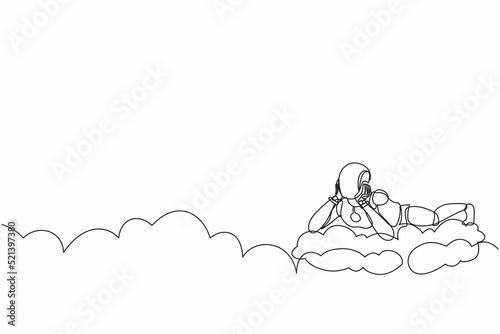 Single continuous line drawing robot lay on the clouds and dreaming or thinking something. Robotic artificial intelligence. Electronic technology industry. One line draw design vector illustration