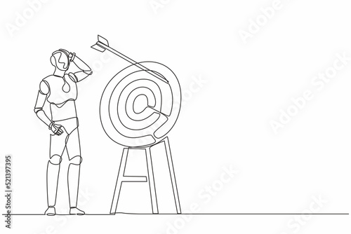 Single continuous line drawing robot arrow missed at the target. Failed hit archery target. Modern robotic artificial intelligence. Electronic technology industry. One line draw graphic design vector