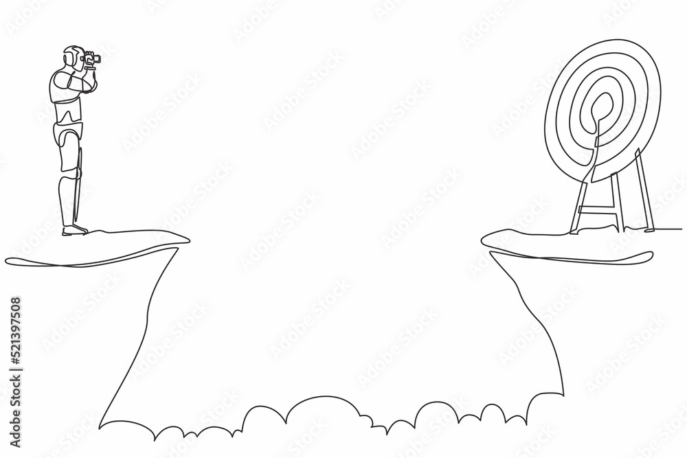 Obraz premium Continuous one line drawing robot standing on cliff with binoculars in hand. Business target goals. Humanoid robot cybernetic organism. Future robotic. Single line graphic design vector illustration