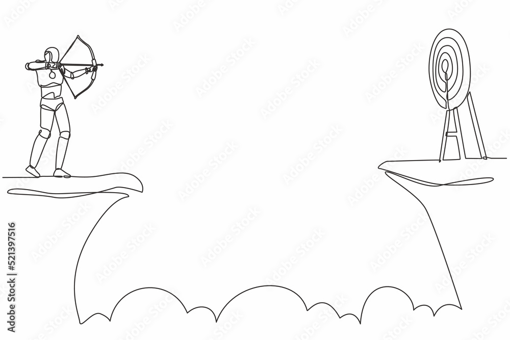 Single one line drawing robot standing on cliff with archer in hand. Business target. Future technology. Artificial intelligence and machine learning. Continuous line draw design vector illustration Single one line drawing robot standing on cliff with archer in hand. Business target. Future technology. Artificial intelligence and machine learning. Continuous line draw design vector illustration