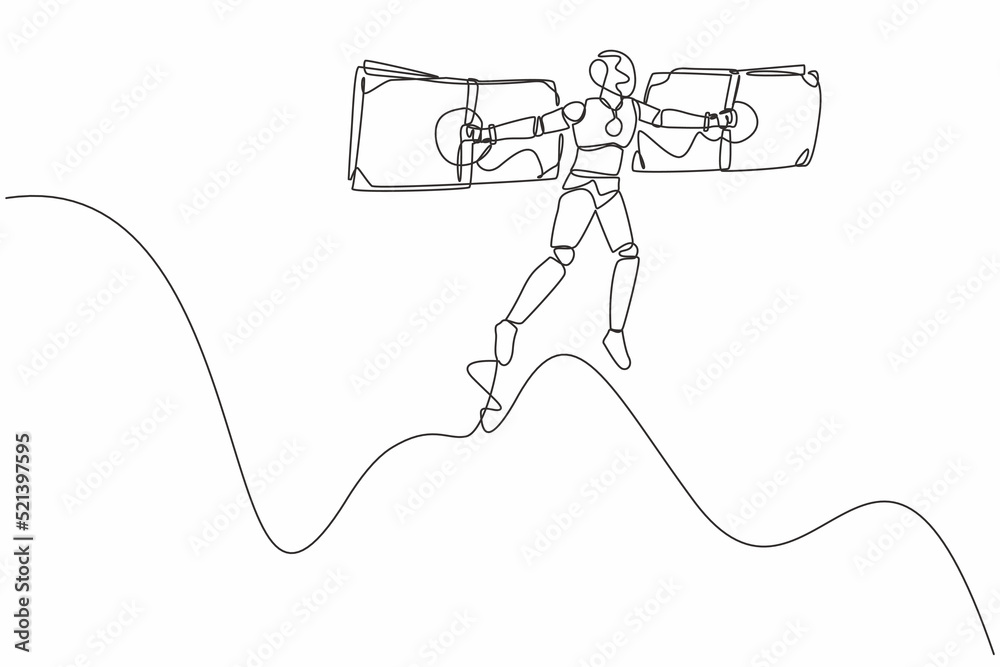 Fototapeta premium Single one line drawing robot flying on money wings. Financial freedom. Future technology development. Artificial intelligence and machine learning. Continuous line design graphic vector illustration