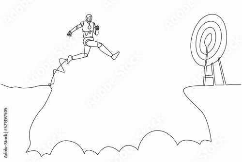 Single continuous line drawing robot jumping over cliff to reach target. Robotic artificial intelligence. Electronic technology industry. Dynamic one line draw graphic design vector illustration