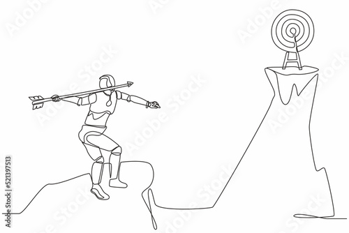 Single continuous line drawing robot standing on peak of cliff targeting arrow to dartboard. Modern robotic artificial intelligence. Electronic technology industry. One line draw graphic design vector