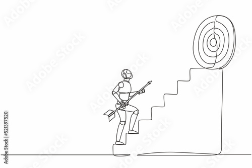 Single continuous line drawing robot holding arrow running up stairway to high target. Robotic artificial intelligence. Electronic technology industry. One line draw graphic design vector illustration
