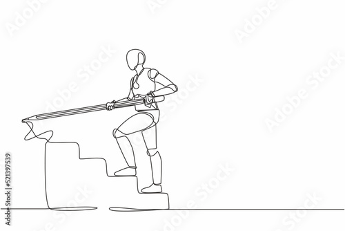Continuous one line drawing robot use huge pencil to draw rising up stairs. Humanoid robot cybernetic organism. Future robotic development concept. Single line draw design vector graphic illustration