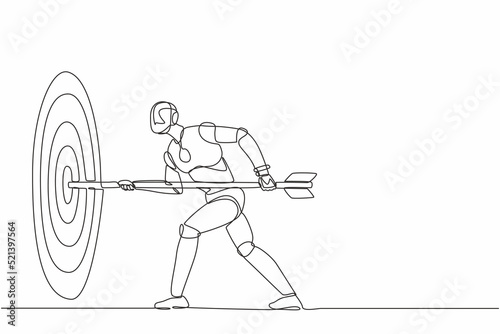 Single continuous line drawing robot hold arrow in hand to target, achievement goal. Robotic artificial intelligence. Electronic technology industry. One line draw graphic design vector illustration