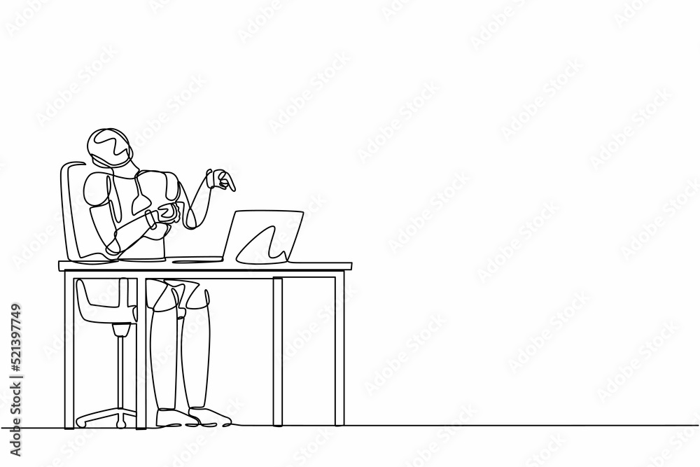 Continuous one line drawing robot manager laughing out loud while pointing his finger at laptop. Humanoid robot cybernetic organism. Future robotic development. Single line design vector illustration