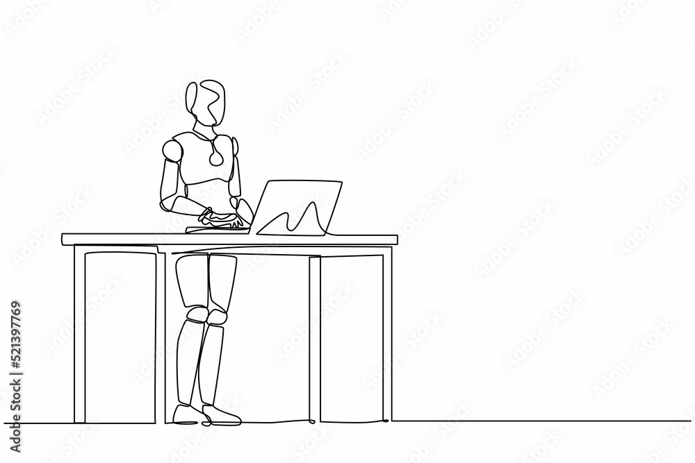 Single continuous line drawing smart robot standing and working behind desk. Modern robotic artificial intelligence. Electronic technology industry. One line draw graphic design vector illustration