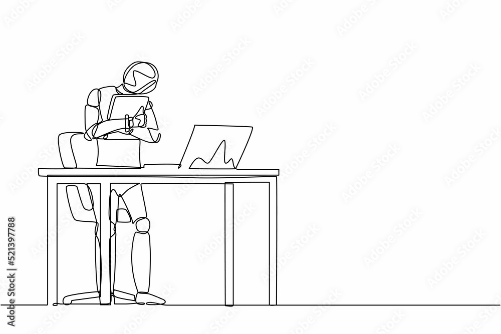 Continuous one line drawing robot standing and hugging laptop at office. Humanoid robot cybernetic organism. Future robotics development concept. Single line draw design vector graphic illustration