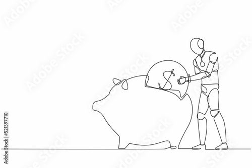 Continuous one line drawing robot putting dollar coin into piggy bank. Humanoid robot cybernetic organism. Future robotics development concept. Single line draw design vector graphic illustration