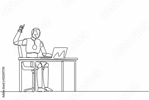 Single continuous line drawing robot getting bright new idea while working with laptop on desk. Robotic artificial intelligence. Electronic technology. One line draw graphic design vector illustration